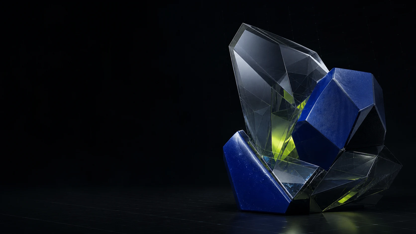 Reflective blue and glass geometric forms glowing lime green against a dark studio backdrop.